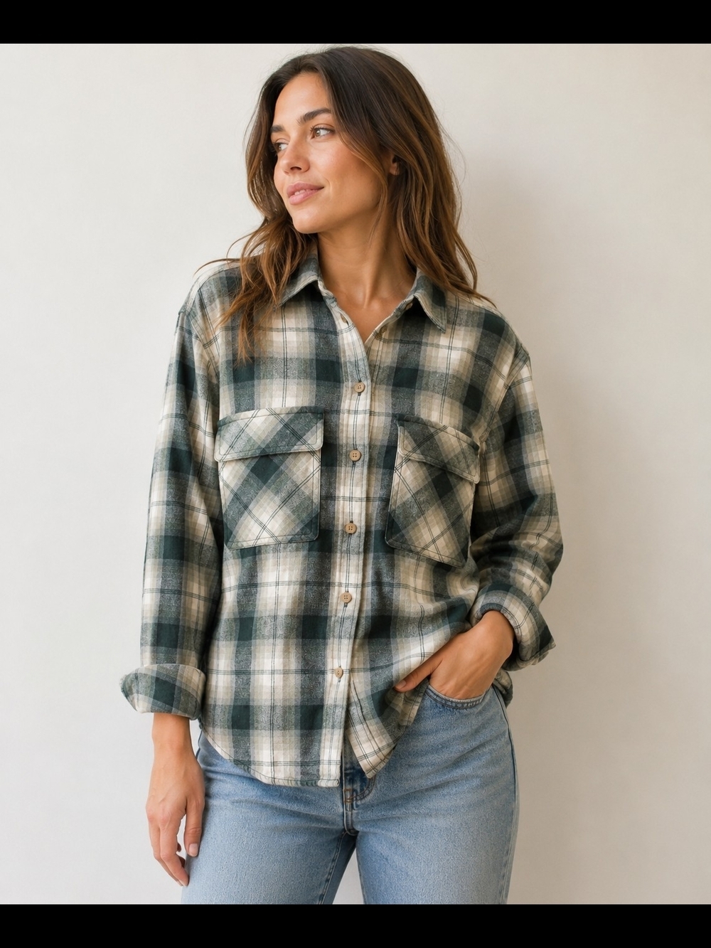 Babaton Green and Cream Plaid Shirt Jacket